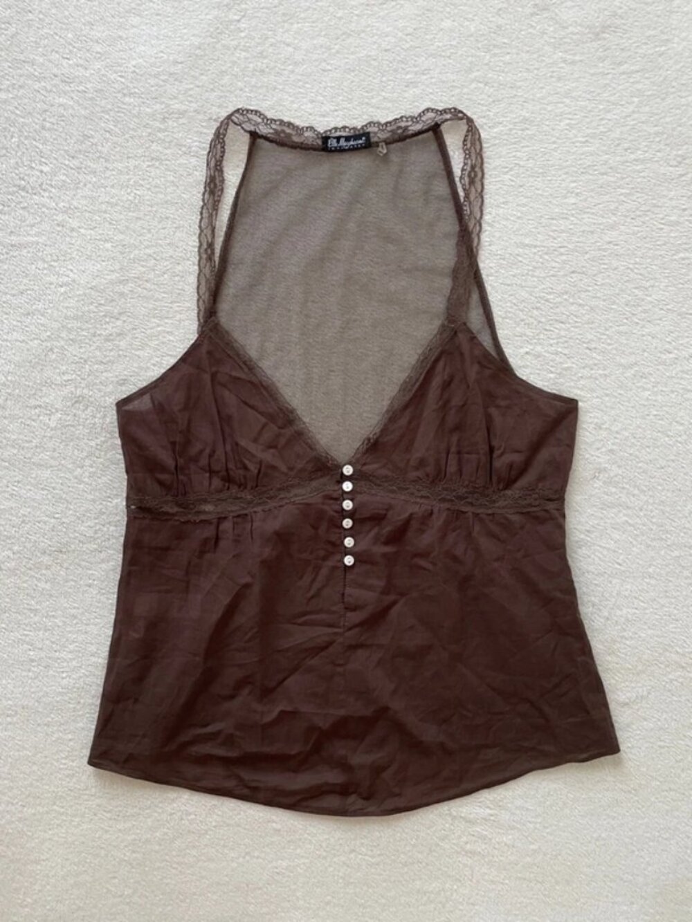 Vintage Y2K Brown Mesh Lace Vest Cami Top Size M UK 12